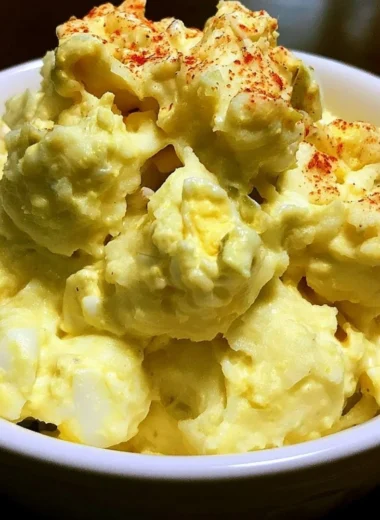 Delicious old fashioned potato salad served in a bowl, garnished with herbs.