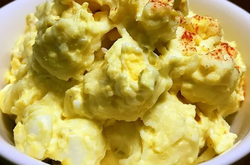 Delicious old fashioned potato salad served in a bowl, garnished with herbs.