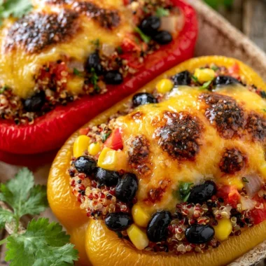 Quinoa stuffed bell peppers filled with vegetables and spices, ready to serve.