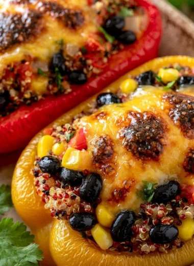 Quinoa stuffed bell peppers filled with vegetables and spices, ready to serve.