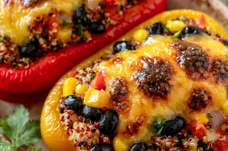 Quinoa stuffed bell peppers filled with vegetables and spices, ready to serve.