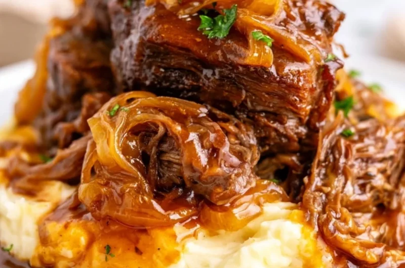 Delicious slow cooker French onion pot roast with melted cheese and herbs