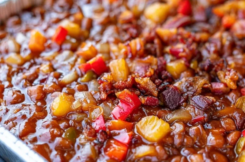 A bowl of Smoked BBQ Beans, showcasing a hearty and savory dish.