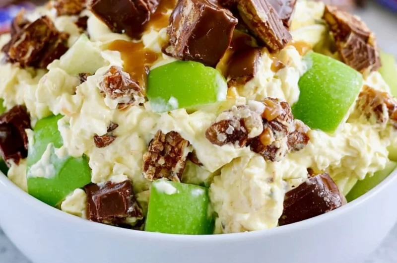 Delicious Snickers Apple Salad with apples, caramel, and whipped cream