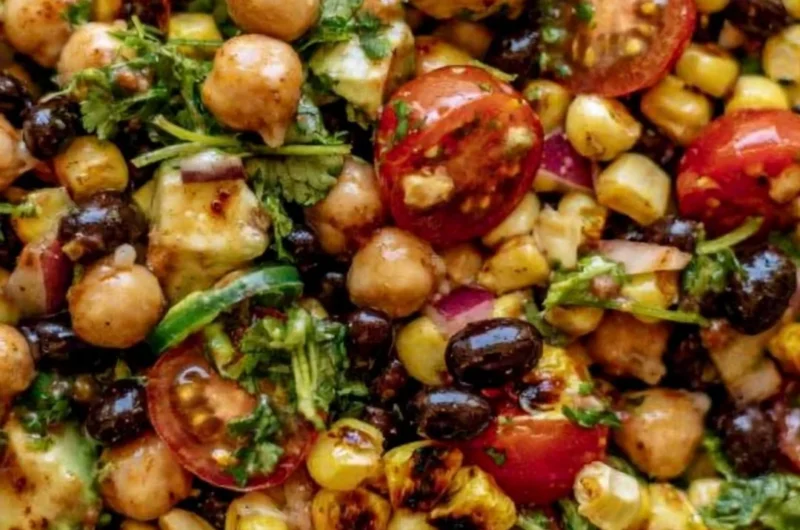 Colorful Southwest Chickpea Black Bean Salad with fresh ingredients.