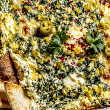 Spinach and Pepperoncini Baked Feta Dip served with pita chips