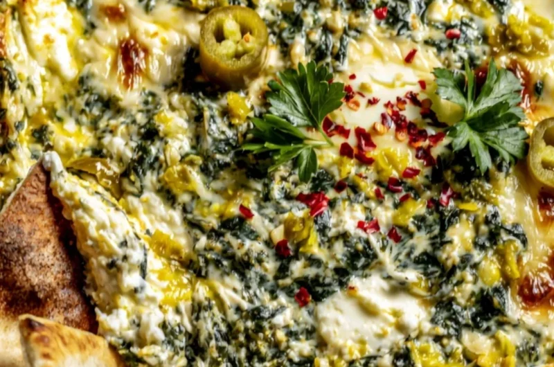 Spinach and Pepperoncini Baked Feta Dip served with pita chips