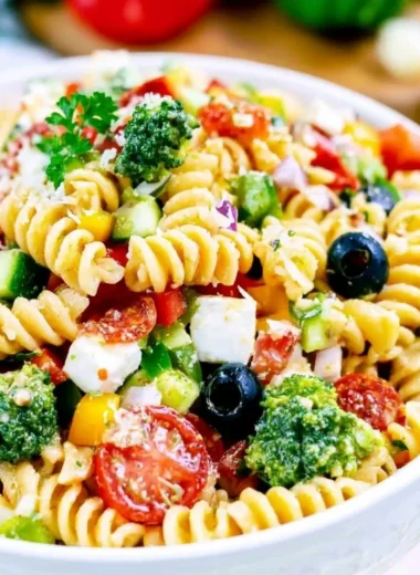 Delicious bowl of the BEST Italian Pasta Salad with colorful vegetables