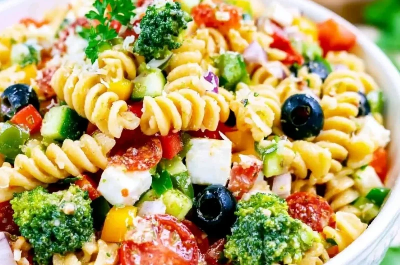 Bowl of the BEST Italian Pasta Salad with colorful vegetables and dressing
