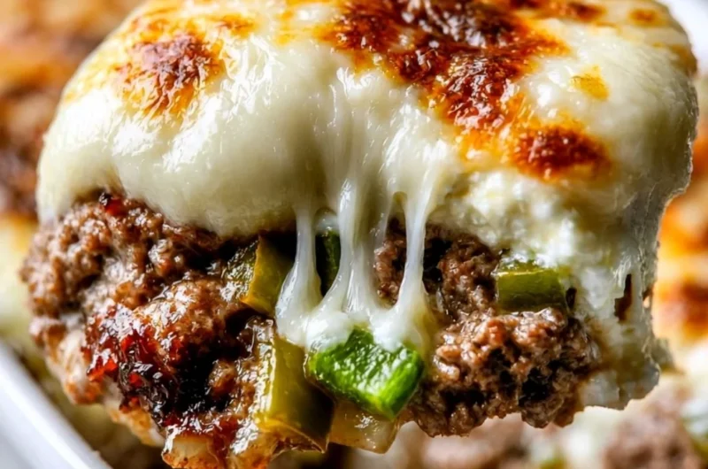 Warm low-carb Philly cheesesteak casserole topped with melted cheese
