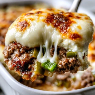 Delicious low carb Philly Cheesesteak Casserole ready to serve