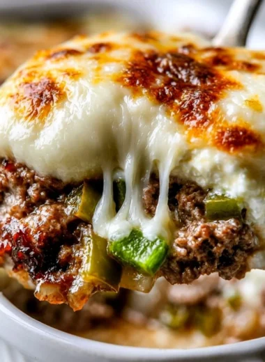Delicious low carb Philly Cheesesteak Casserole ready to serve