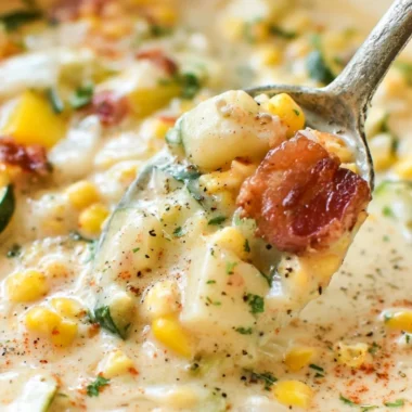Cozy summer corn and zucchini chowder in a bowl with herbs and a spoon