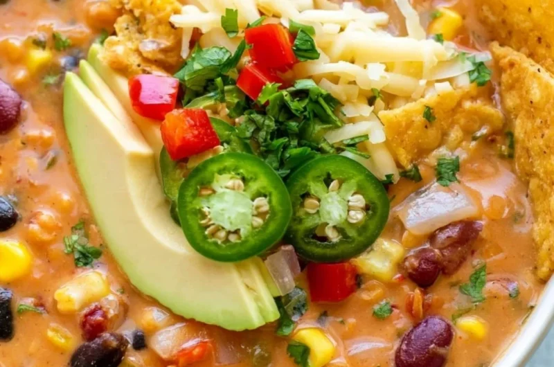 Bowl of decadent lentil tortilla soup garnished with avocado and tortilla strips