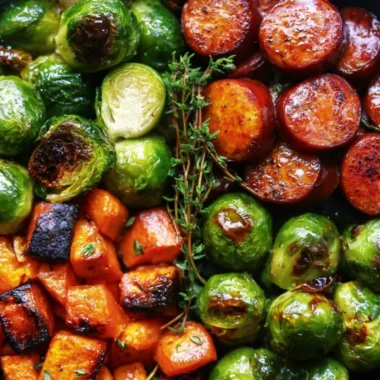 Sausage and veggies skillet with butternut squash and Brussels sprouts.