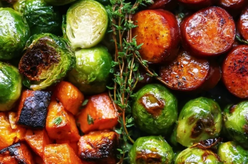 Sausage and veggies skillet with butternut squash and Brussels sprouts.